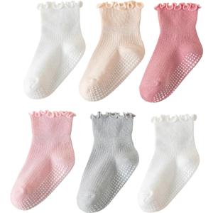ANYANIME 6 Pairs Toddler Ruffle Socks for Girls Baby Grip Socks Non Slip Socks Cute Grippy Frilly (1-3T, Multicolor 2)