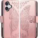 for iPhone 16 Wallet Case with Card Holder, Butterfly Flower Embossed PU Leather Kickstand Card Slots Cover Flip Case for iPhone16 6.1 Inch (Rose Gold)