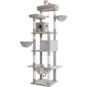 Komicoll Cat Tree, 81-Inch Tall Cat Tower with Scratching Post, Plush Multi-Level Cat Condo with 2 Perches, 2 Caves, 2 Basket, Hammock for Indoor Cats Light Grey
