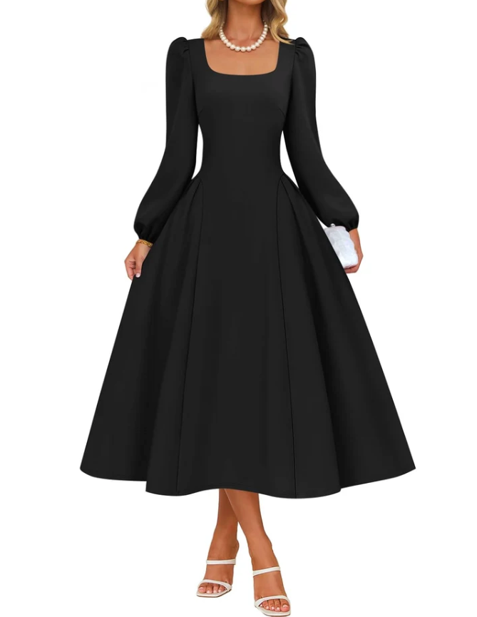 ZESICA Women's Long Sleeve Midi Dresses 2026 Fall Square Neck Swing A Line Wedding Guest Evening Prom Dress, Medium