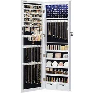 SONGMICS 6 LEDs Mirror Jewelry Cabinet, 47.2-Inch Tall Lockable Wall or Door Mounted Jewelry Armoire Organizer with Mirror, 2 Drawers, Gift for Mom, 3.9 x 14.6 x 47.2 Inches, White UJJC93W