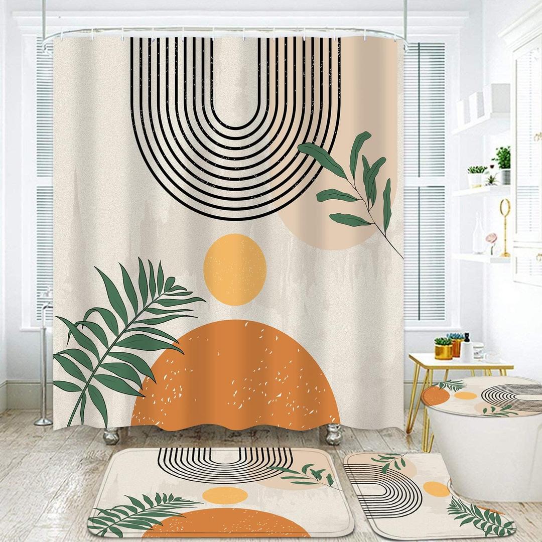 FZDHHY 4PCS Boho Shower Curtain Set Retro Orange Shower Curtain Bathroom Set with Rugs Abstract Shower Curtains for Bathroom with Carpet Bath Mat Toilet Rugs (Beige)