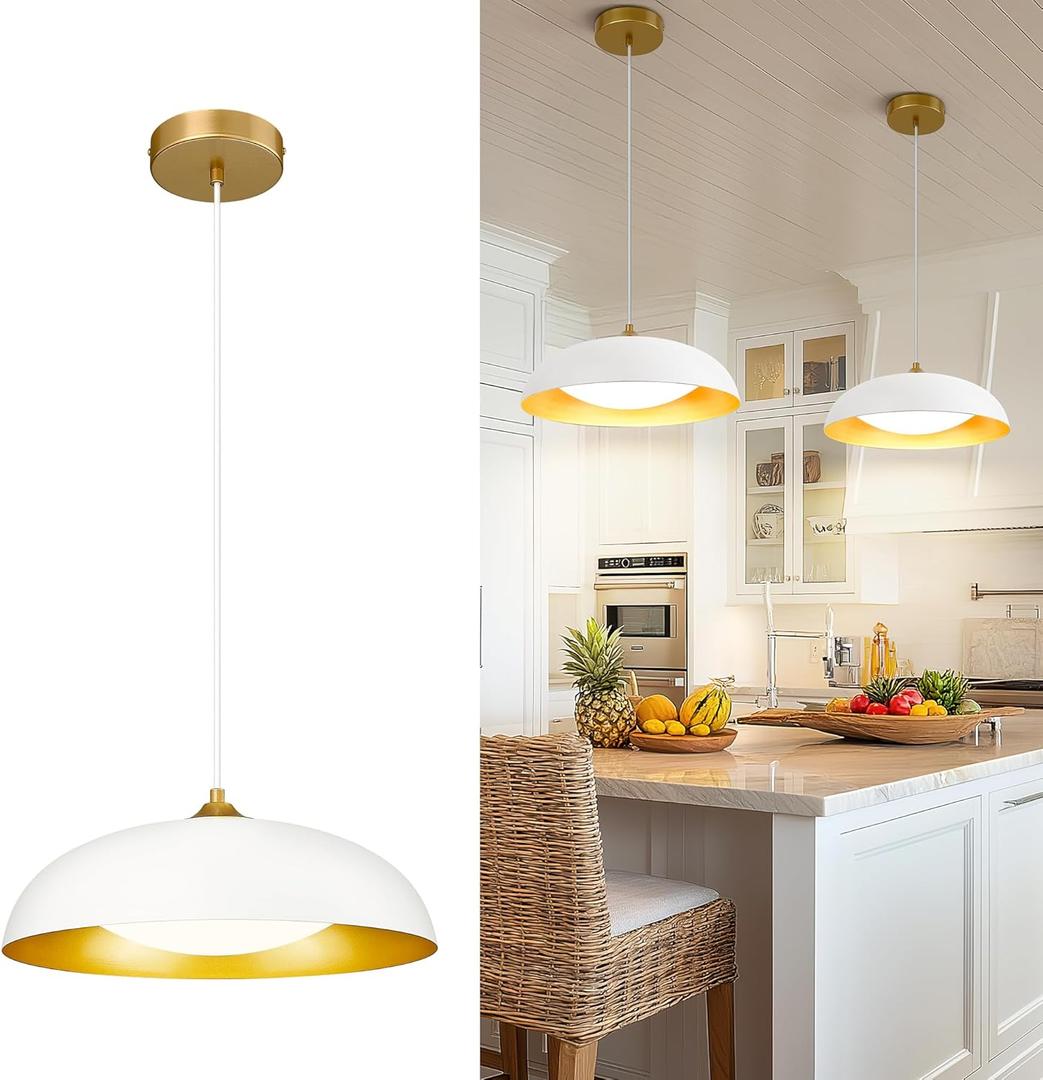 kudos LED Pendant Light Fixtures, Modern White and Gold Pendant Lights, 15 Inch Large Hanging Light Fixtures for Kitchen Island, Dining Room, Living Room, Bedroom, 5CCT Adjustable, KDPL02-WT