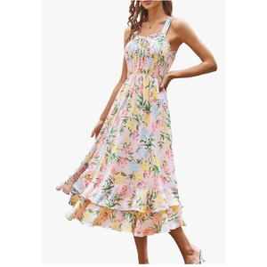 GRACE KARIN Women's 2025 Summer Floral Boho Dress Square Neck Strapped Swing A Line Sundress Beach Long Maxi Outfits, Size S