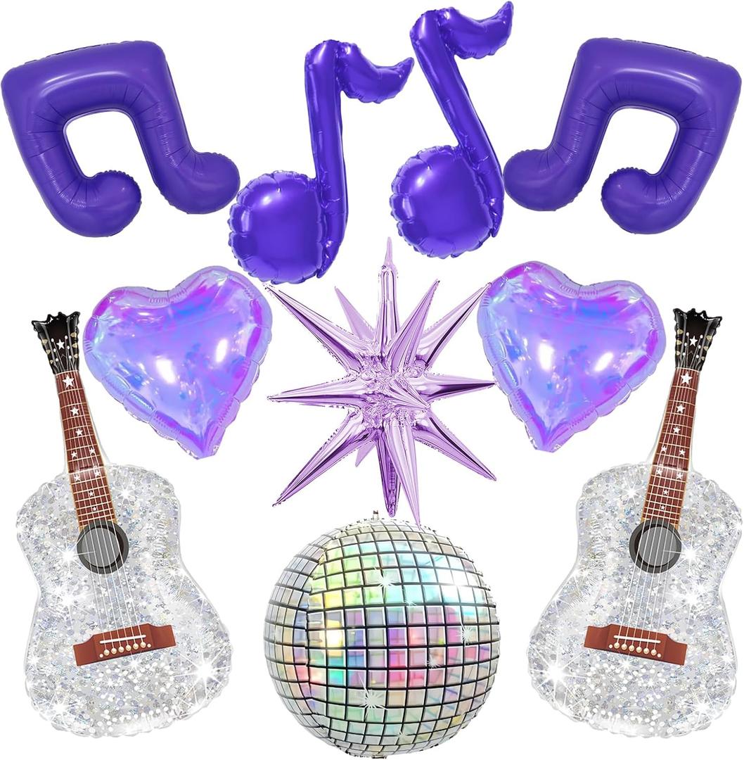 Kpop Girl Group Party Balloons,Purple Music Note Foil Balloons, Disco Ball/Guitar Balloons for Rock and Roll Music Party Decoration,Concert Night/Demon Hunt Party Supplies