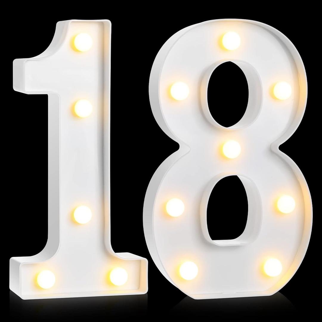 Treela 8.7'' Birthday Decorative LED Light up Numbers, Glitter Marquee Number Sign for Night Birthday Party Decorations Anniversary Bar LED Sign Backdrop Wall Table Centerpieces(18th,White)