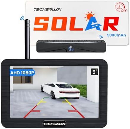 TECXERLLON Backup Camera, Solar Wireless Backup Camera with 5" 1080P Monitor, Vehicle Backup Cameras with 5000mAh Solar Battery, IP69K Waterproof Rear View Camera for Car, Van, SUV, Truck, Trailer