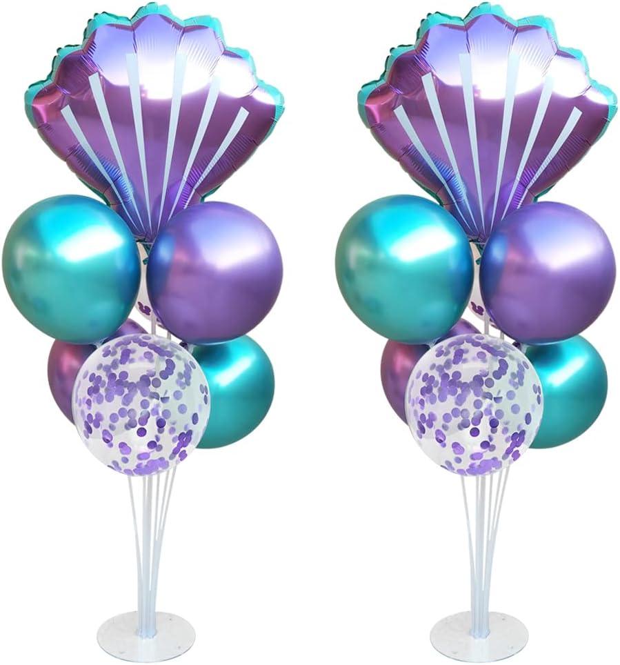 Mermaid Table Centerpiece Balloons Stand Kit 2 Sets with 2 Sea Shells Foil Balloons 14 Purple Blue Latex Balloons for Birthday Beach Mermaid Theme Sea Theme Party Mermaid Birthday Decorations, 47 inches