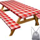 Picnic Table Cover with Bench Covers Camping Essentials Waterproof Windproof Camping Tablecloth with Drawstring Bag, Fitted Rectangle Tables and Seats, 72in, Red Checkered