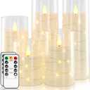 Homemory Pure White Flameless Candles with Embedded Star String Fairy Lights, Battery Operated Candle, LED Candles, Fake Candles with Remote Control and Timer, Set of 5(H4 5" 6" 8" 8")