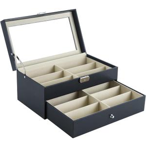 8 Slot Sunglass Organizer Leather Eyeglasses Collector Eyewear Display Case Storage Box, Black