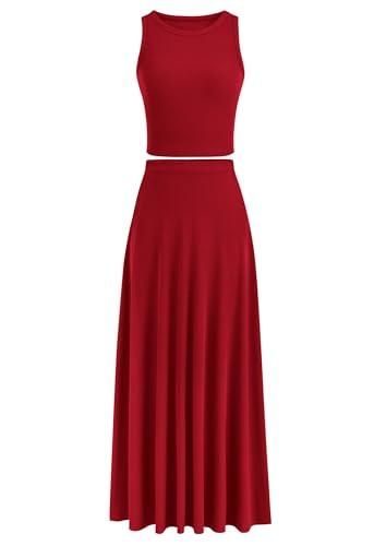 PRETTYGARDEN Women's 2 Piece Maxi Skirt Sets Casual Summer Knit Cropped Tank Top High Waisted Long Skirts Outfit (Red,Medium)
