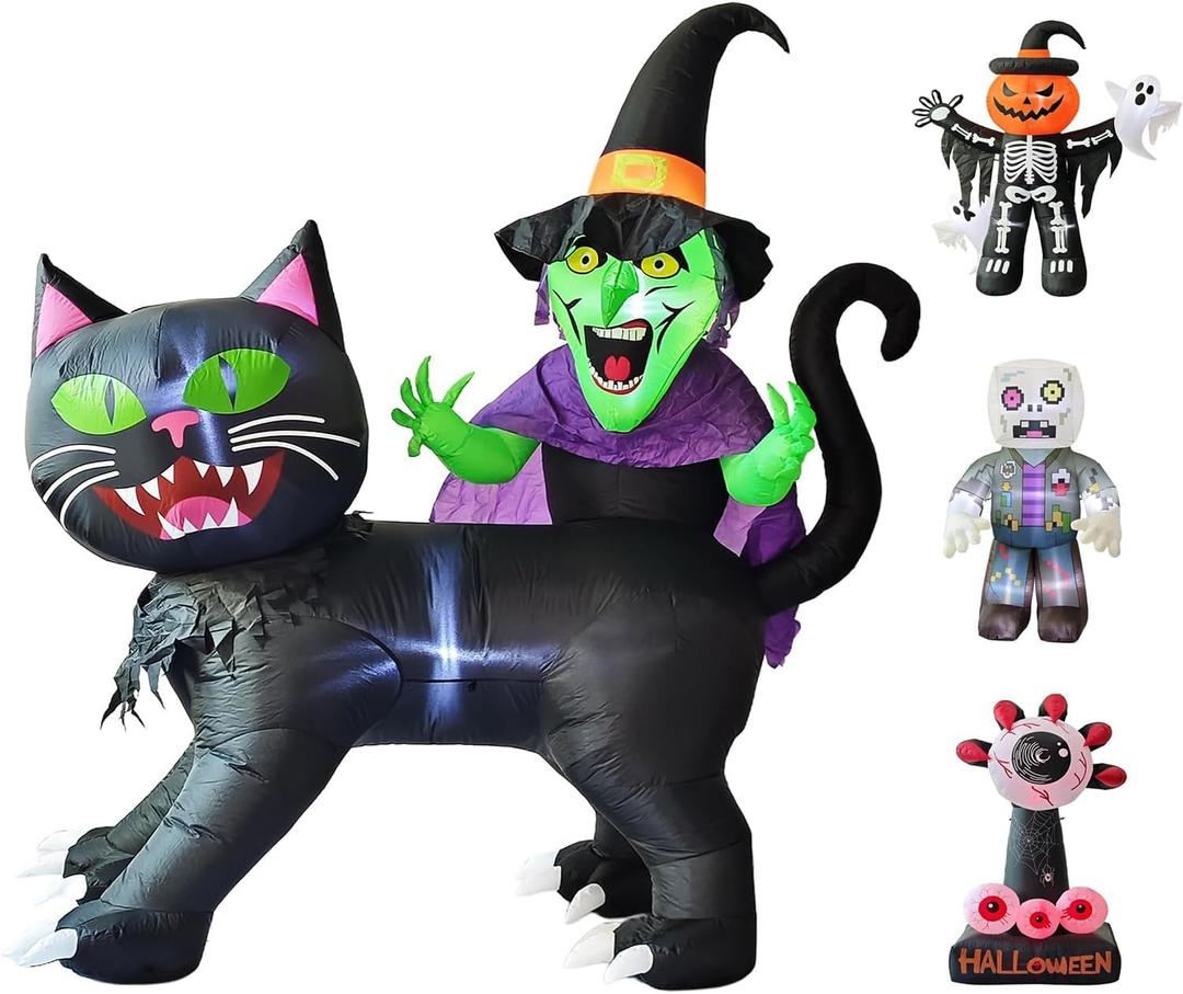 LANGXUN 8ft Witch Riding Black Cat 2025 Halloween Inflatable Decoration - Giant Blow-Up Yard Decor with LED Lights for Outdoor Lawn, Garden, Patio Cute Skeleton Ghost Hoilday Yard Party Decor