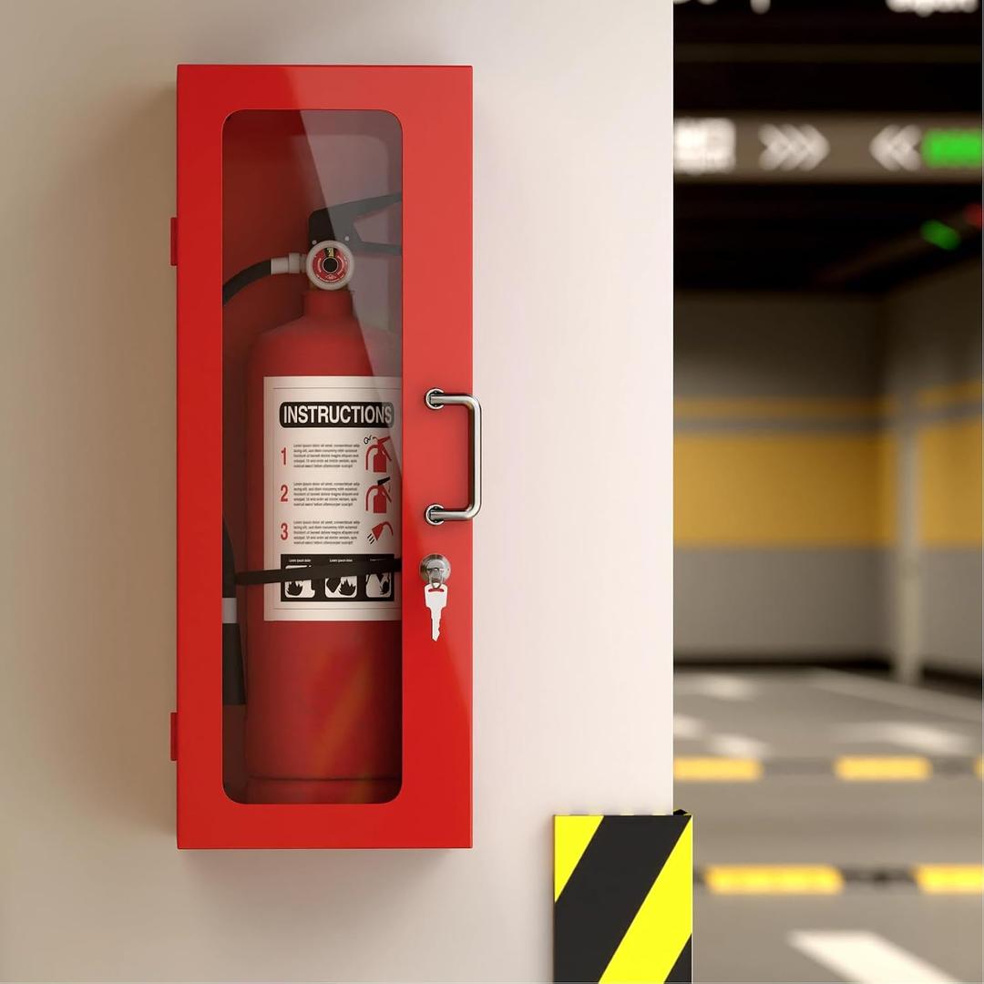 Wall Mount Fire Extinguisher Cabinet for 10LB Fire Extinguisher,24" H x 9" W x 6" D Fire Extinguisher Box with Handle & Lock,Red Steel Storage Case Fire Extinguisher Holder for Indoor/Outdoor