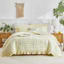 Tufted Dots Ruffle Comforter Set Full/Queen Size, 3 Pieces Yellow Vintage Farmhouse Shabby Chic Comforters, Jacquard Boho Bohemian Bedding Set for All Season (1 Ruffled Comforter+ 2 Pillow Shams)