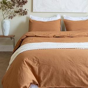 French Linen Duvet Cover Set 3pcs with Hidden Zipper Closure Natural Flax Cotton Blend Solid Color Soft Breathable Luxury Farmhouse Bedding -Queen Size, Rust