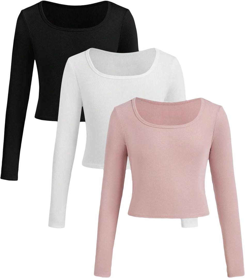 Floerns Girls 3 Piece Solid Ribbed Knit Square Neck Long Sleeve Tee Shirts Crop Tops (10 Years, A Pink White Black)