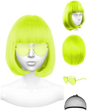 Neon Green Wig and Party Sunglasses, Rainbow Wig with Neon Glasses Wigs for Women, Short Light Lime Green Wigs - Bachelorette Party Decorations Favors (Lemon Green)