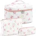 Makeup Bag for Women 3PCS Quilted Cotton Make Up Bag Travel Cosmetic Bag Large Makeup Bag Set Cute Bow Makeups Purse Organizer Floral Toiletry Pouch (White)