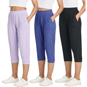 Real Essentials 3 Pack: Women's Ribbed Capri Jogger Lounge Sweatpants with Pockets Yoga Workout (S)