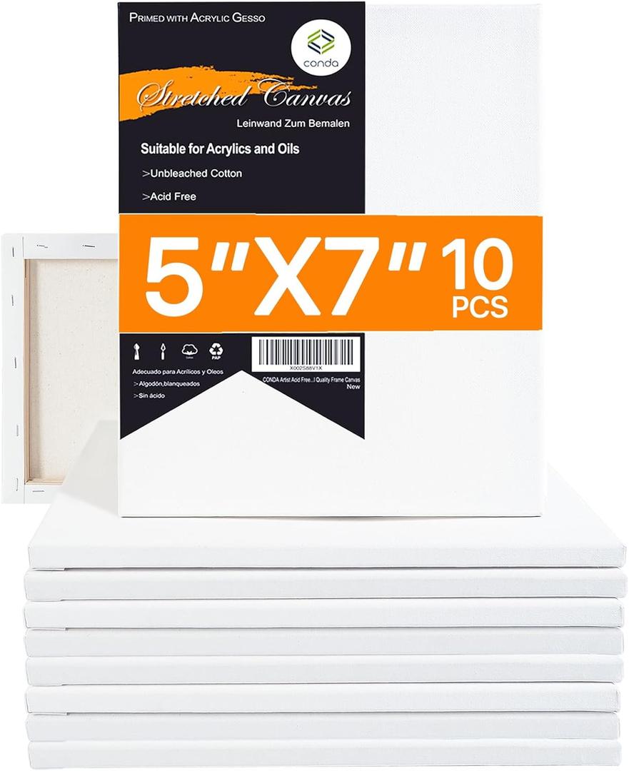 CONDA Stretched Canvas for Painting, 5x7 inch 10 Pack of Canvas, Primed, 100% Cotton 5/8 Inch Profile Value Bulk Pack for Acrylics, Oils Painting