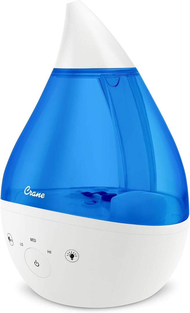 Crane 4-in-1 Drop 2.0 Ultrasonic Cool Mist Humidifier with Sound Machine, Night Light, Aroma Tray, 1 Gallon Top Fill, Blue & White