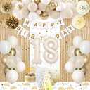 18th Birthday Decorations for Girls, Gold Happy 18th Birthday Decorations White and Gold Balloons Happy Birthday Banner Tablecloth Fringe Curtain Cake Topper Paper Pom Poms Boys Girls 18 Year Old Bday