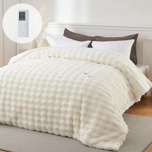 GarveeHome Heated Comforter Queen Size with Wireless Remote & Dual Zone Control, Luxury Faux Fur Electric Bedding Blanket, 6 Heat Levels & Auto Shut-Off, for Couples, Beige (Queen 90"x90")