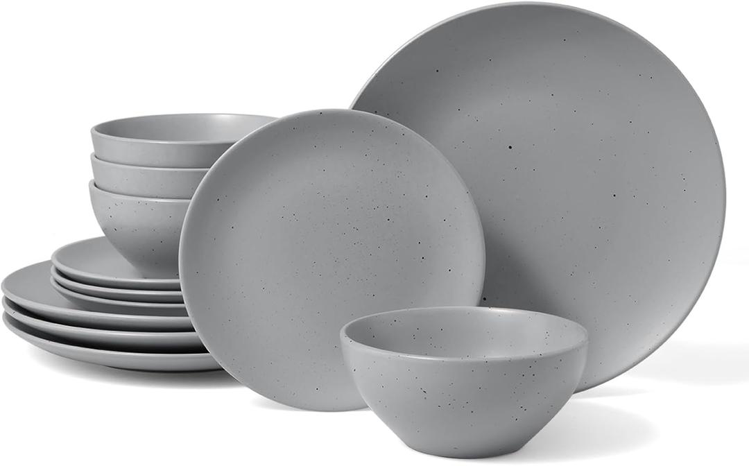 Famiware Moon Dinnerware Sets for 4, 12 Pieces Stoneware Plates and Bowls Sets with Speckled Design, Matte Dish Set, Microwave and Dishwasher Safe, Light Gray
