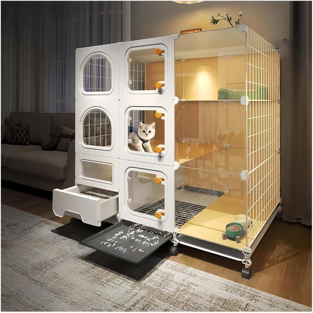 Indoor Cat Cage with Litter Box, Complimentary Cat Bed, Bow, Cat House with Wheels, Large Cat Villa Playpen, Small Animal Dog Kennel Cat Enclosures 42"(L) x 18.2"(W) x 46.2"(H)