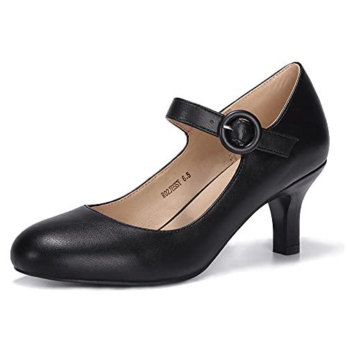 IDIFU Women's Jessy Dress Mary Jane Shoes Low Kitten Heels Closed Round Toe Office Work Wedding Pumps (Black Pu, 8.5 M US)