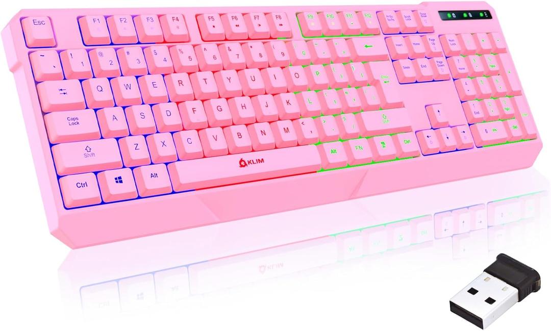 KLIM Chroma Pink Wireless Keyboard  RGB Backlit, Rechargeable Battery, Wireless Keyboard with Water-Resistant Durable Design, Compatible with PC, Mac, PS4, PS5