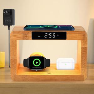 Wooden Bedside Table Lamps for Bedroom with Wireless Charger, nightstand lamp with Charging