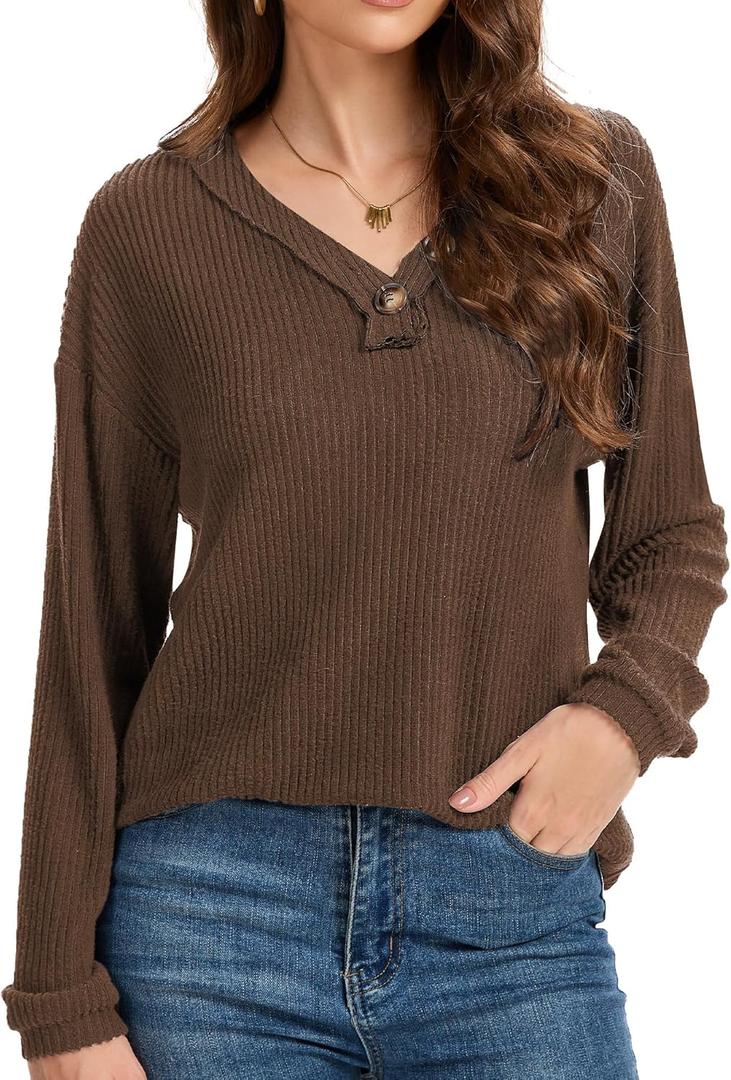 Beach Vacation Clothes for Women Long Sleeve Sweaters V-Neck Button Down T-Shirts Fall Clothing Brown Small