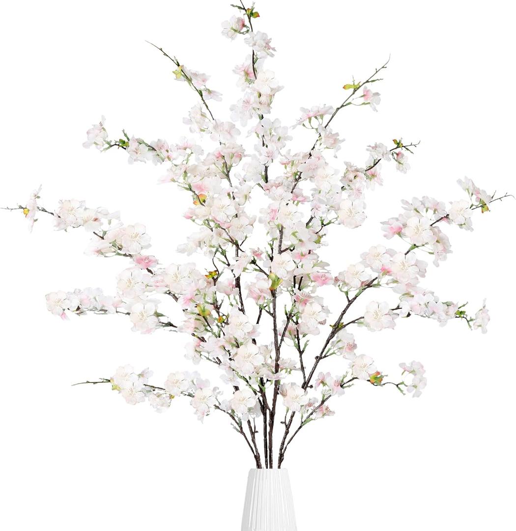 Sggvecsy Artificial Cherry Blossom Flowers 4 Pcs Faux Cherry Blossom Stems Faux Silk Cherry Blossom Branches 43 Fake Flowers Long Stems for Vase Arrangements Home Wedding Table Decor (Light Pink)