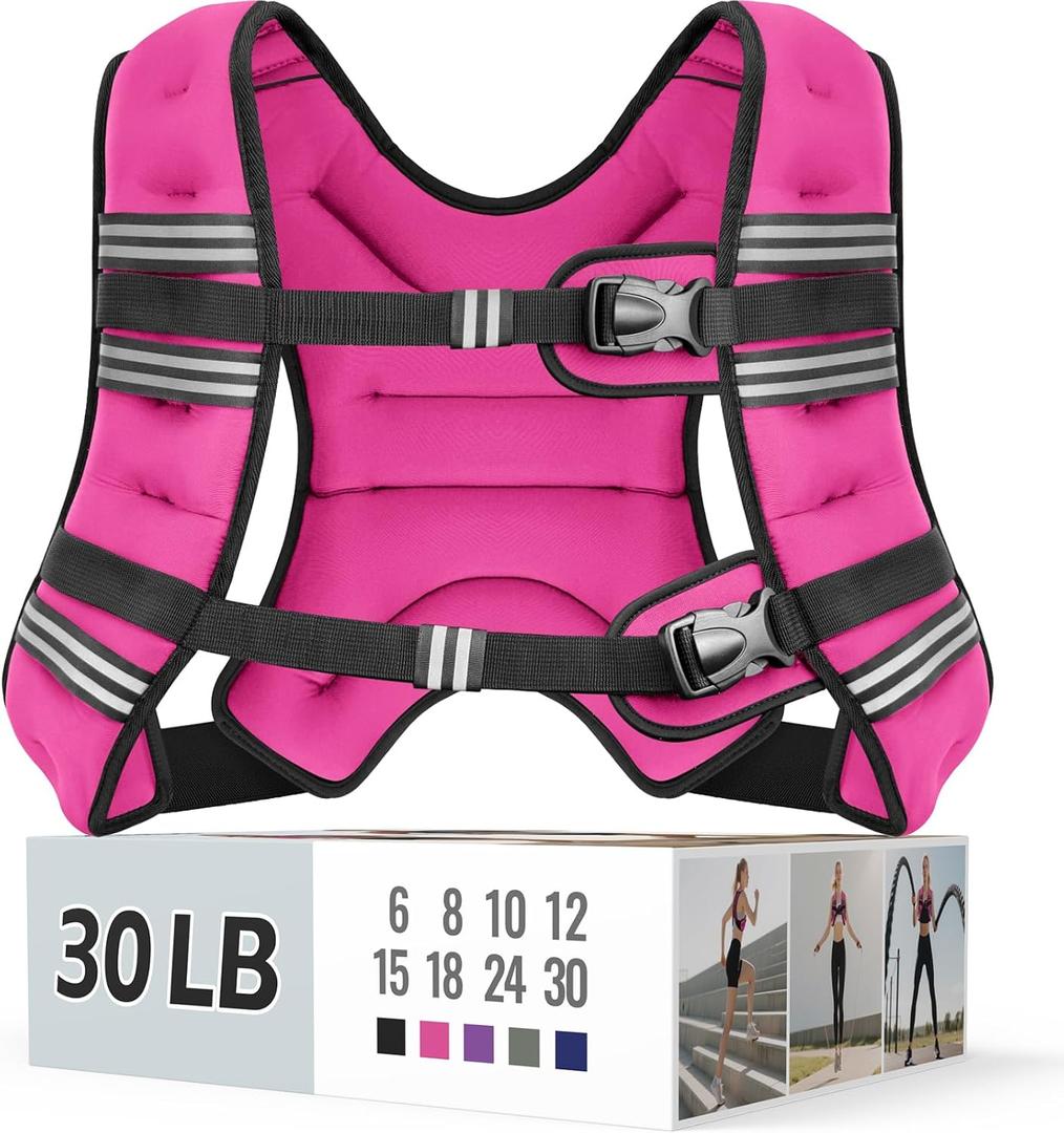 Zeerun Weighted Vest for Men Women, Reflective Stripe Adjustable Buckle, Comfortable Durable Rucking Vest for Walking Running Strength Training, 30LBS-Pink