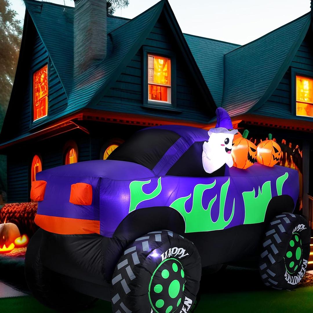 Leyndo 8 ft Long Halloween Inflatables Monster Truck Outdoor Decorations Lighted Ghost Driving Truck with Pumpkins Blow up Yard Decor with Lights for Halloween Party Indoor Family Garden Lawn Decor