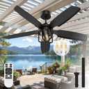 52 inch Outdoor Ceiling fan with Light and Remote Control, IP65 Waterproof 2700K Color light Ceiling fan, Reversible Quiet DC Motor, 5 Blades Black Ceiling Fan for Patios Gazebos Pergolas