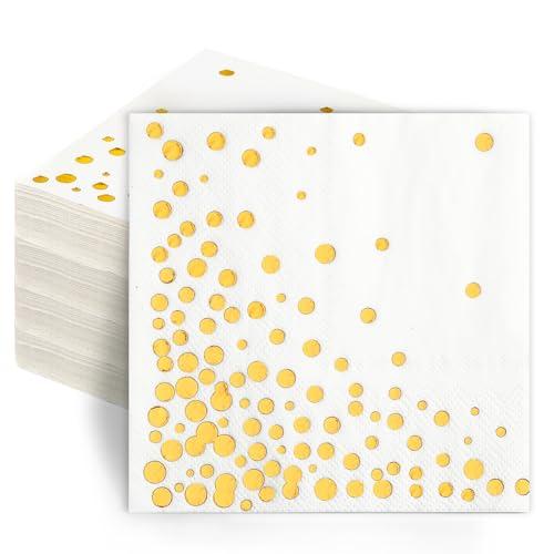 100 Pcs Gold Cocktail Napkins, 3-Ply Party Paper Napkins, 5 x 5 Inches Bar Napkin Disaposable for Weddings, Birthdays, Baby Showers, Anniversaries, and Cocktail Parties (White)