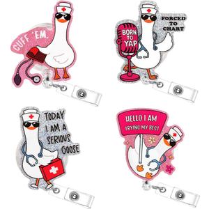 4 Pcs Nurse Badge Reel - Funny Nurse Gifts Silly Goose Badge Reels Retractable, Cute Nursing Badge Holder for Nurses Doctors Student RN LPN CNA MA Medical Worker Teacher ID Name Badge Clip Accessories