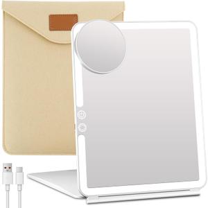 FUNTOUCH Large Rechargeable Travel Makeup Mirror with Light, 2500mAh Portable Makeup Mirror with 10X Magnifying Mirror 3 Lighting Modes, Dimmable Touch, Tabletop Folding Travel Mirror with Storage Bag