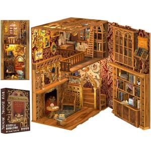 Cutefun Book Nook Library Kit, DIY Miniature Dollhouse Booknook Kits for Adults Teens, 3D Wooden Puzzle Bookend Bookshelf with LED Light & Dust Cover (Eternal Bookstore)