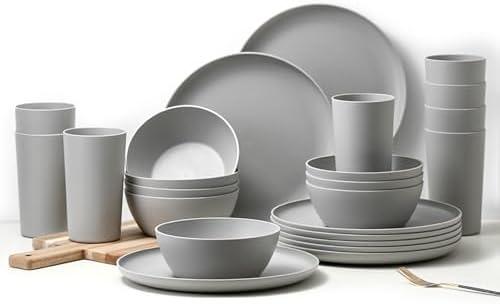 YARRGGU 24-Piece Dinnerware Set, Service for 8, Unbreakable Plates and Bowls Set, BPA-Free, Dishwasher Safe, Gray Tableware for Kitchen, Party and Picnic