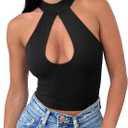REORIA Women's Sexy Going Out Halter Neck Crop Tops Trendy Cut Out Sleeveless Y2K Nightout Clubwear Tank Tops (Medium, Black)