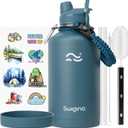 Swigina [2-IN-1 LID] 64 oz Insulated Water Bottle with Silicone Boot (48hrs Cold/24hrs Hot) - DIY Stickers, Leakproof, BPA Free, Half Gallon (Cyan)
