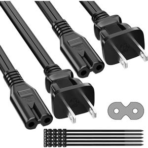 2 Prong Power Cord 10 FT (2-Pack), Non-Polarized AC Power Replacement Supply Cable, 7A, 125V, ETL Compatible with PS5/PS4 Samsung LG TCL Sony Roku TV, Xbox, Laptop, Printer, C7 to 1-15P, with 25 Ties