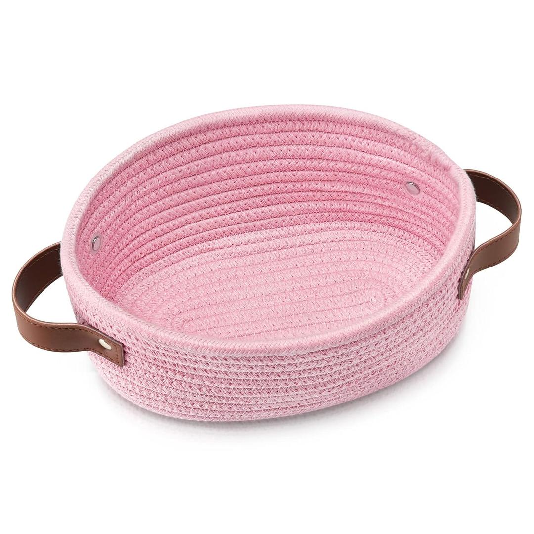 ABenkle Mini Woven Cotton Rope Storage Basket - Oval Decorative Shelf Gift Basket for Nursery, Empty - 9.4" x 5.9" x 3.9 (Pink)