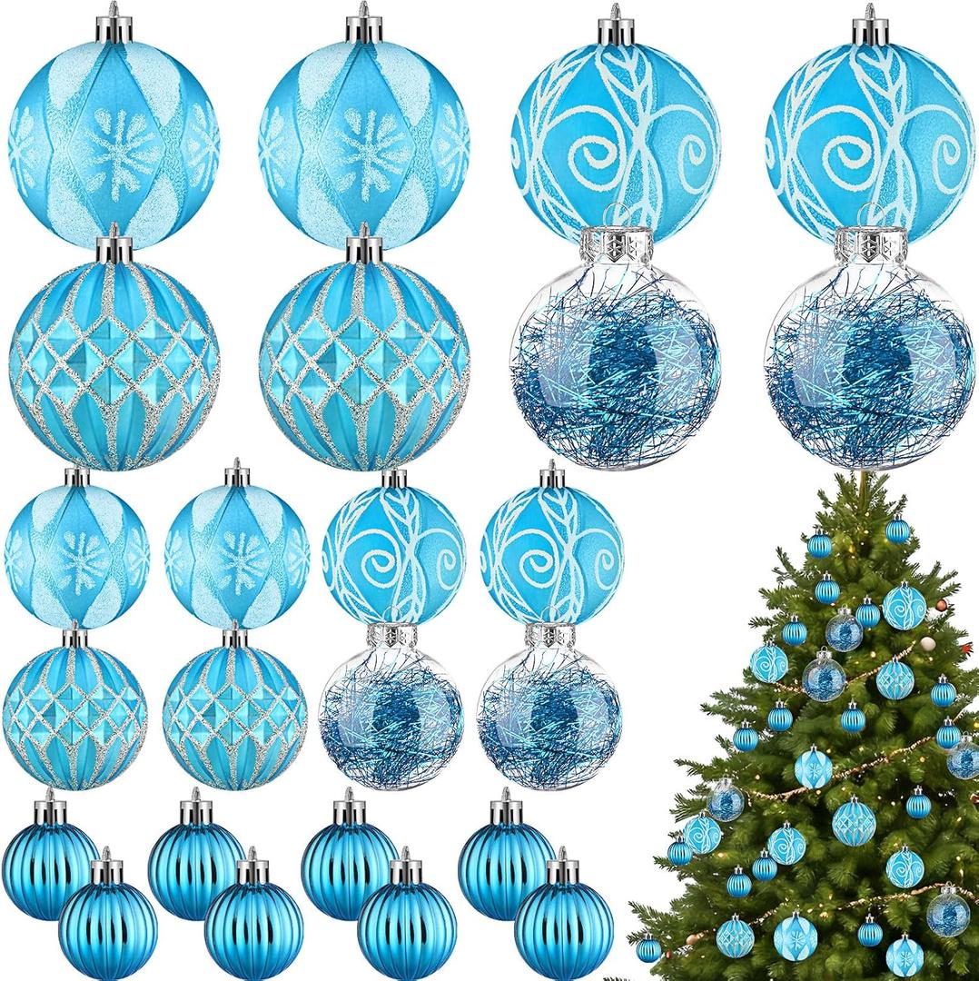 Civaner 24 Pcs Christmas Ball Ornaments, Multi Size Shatterproof Hanging Ball Ornaments Set, Christmas Tree Plastic Decorations for Xmas Holiday Party Wreath Garland Home Decor(Light Blue)