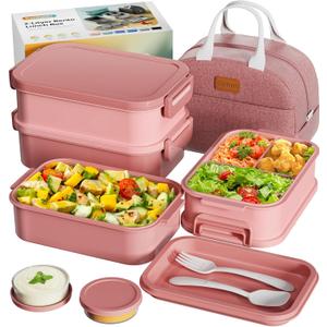 Adults Bento Box with Insulated Lunch Bag, 74oz Capacity 3 Stackable Leak-Proof Bento Box Built-In Utensil and Sauce, PFAS & BPA-Free, Microwave & Dishwasher Safe (Rose Pink)