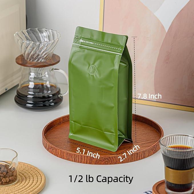 50 Pcs 0.5lb Green Long Coffee Bean Bags with Valve, Easy Tear Open & Repeating Sealed Zipper, Heat-Seal Stand Up & Flat Bottom Coffee Bag, 8oz Capacity 5.1x7.8 Inch (8oz/Rectangle)